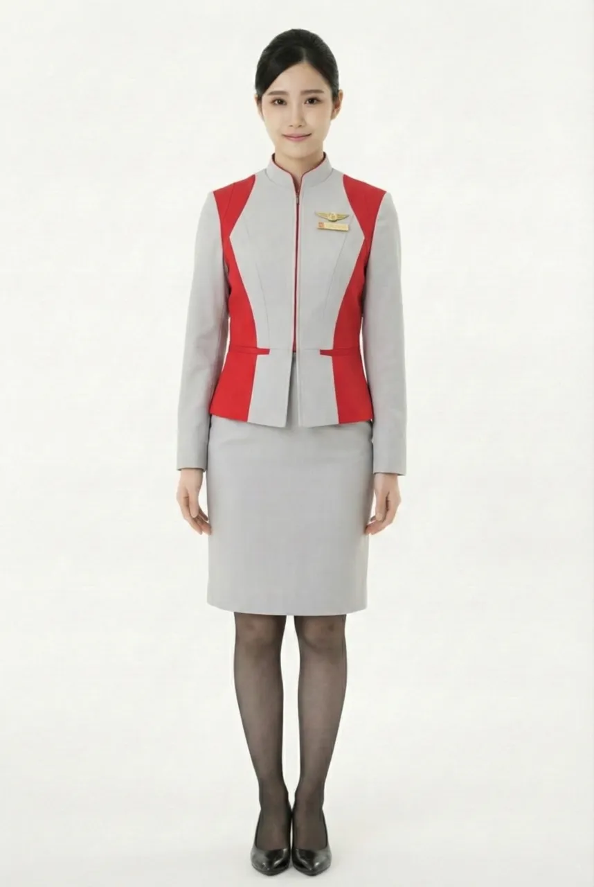 Female flight attendant wearing a jacket